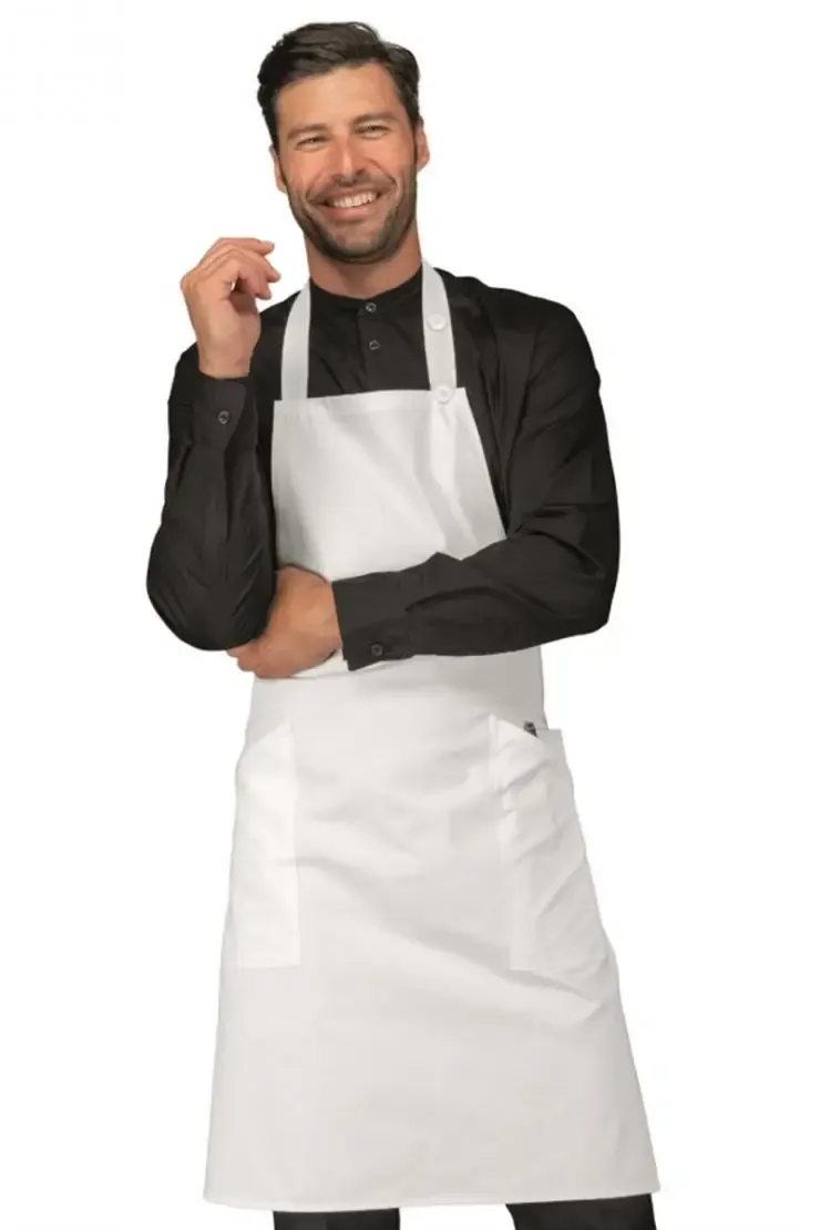 White Full-Length Bib Apron – Over-the-Neck Apron with Pockets