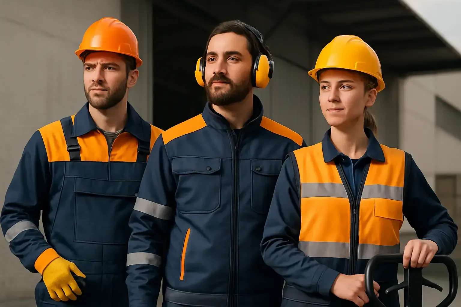 Insaat, fabrika ve lojistik sektorlerinden guvenlik kiyafetli isciler kompozisyonu
