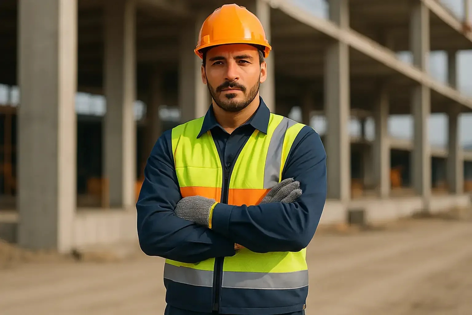 Santiyede tam kisisel koruyucu donanim giymis isci: baret, HiVis yelek, eldiven ve is botu