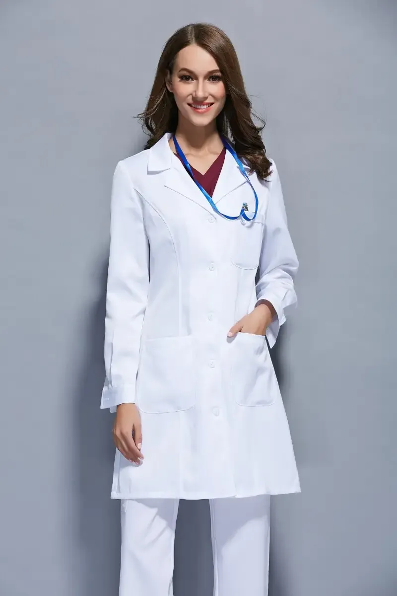 Beyaz Renk Uzun Kol Düğmeli Hemşire, Doktor ve Öğretmen Önlüğü