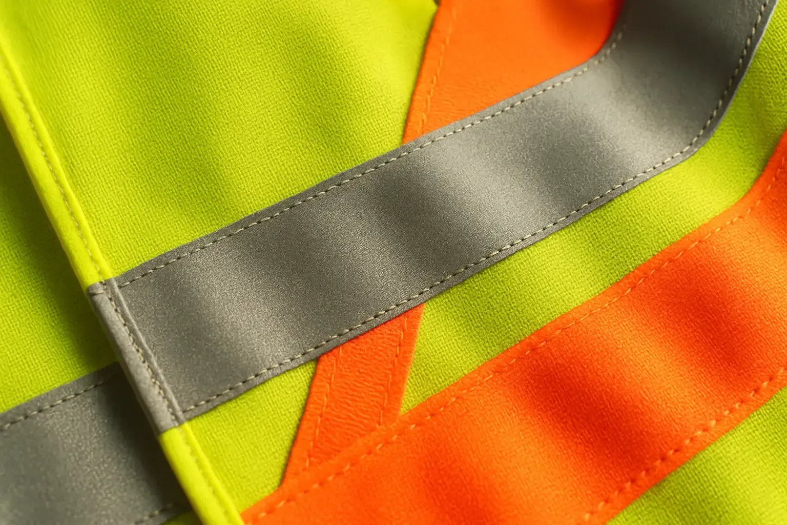 HiVis sari turuncu reflektorlu yelek yakin cekim, gumus reflektor seritleri belirgin
