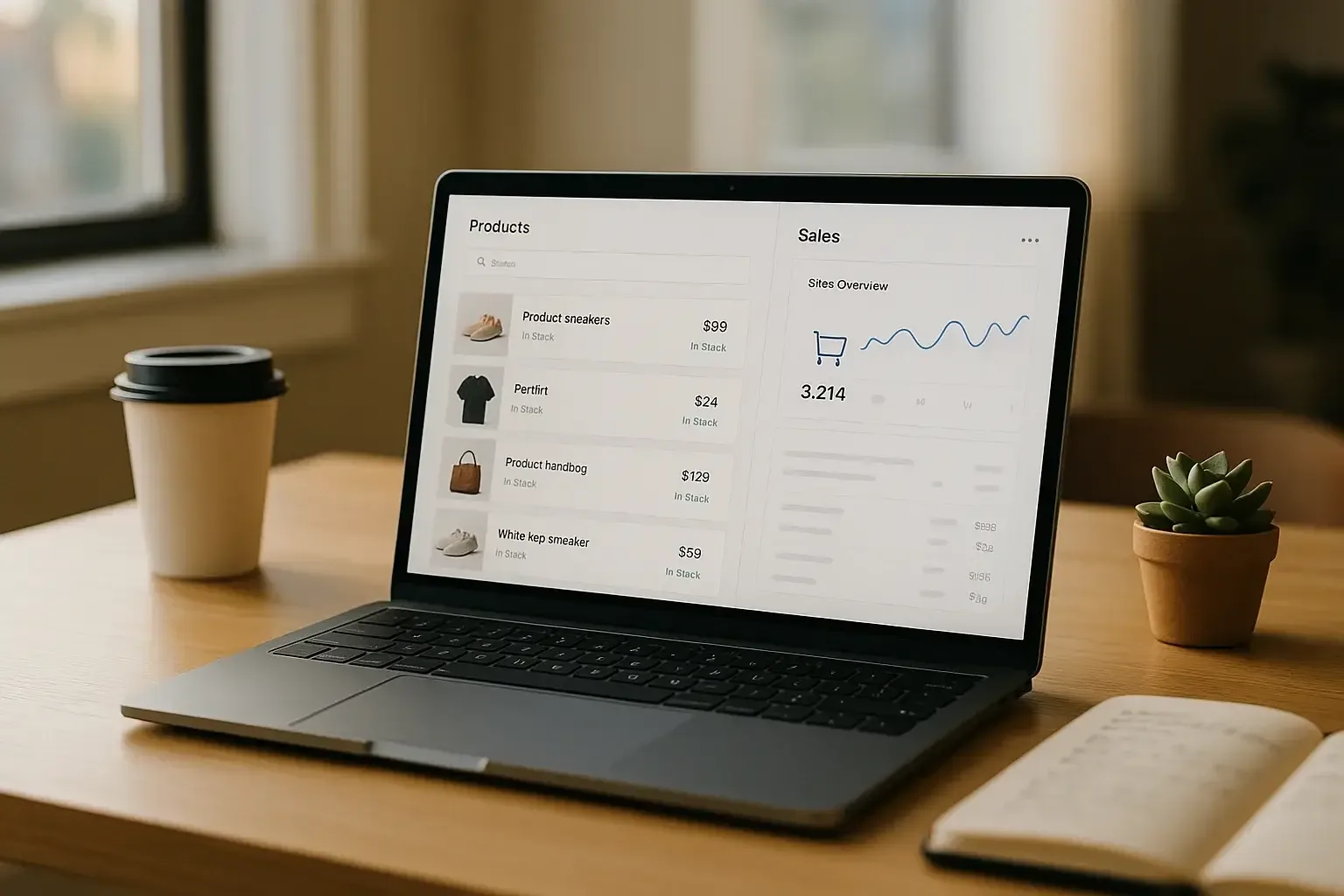 Laptop ekranında e-ticaret sitesi yönetim paneli — ürün listeleme ve satış analitiği görünümü