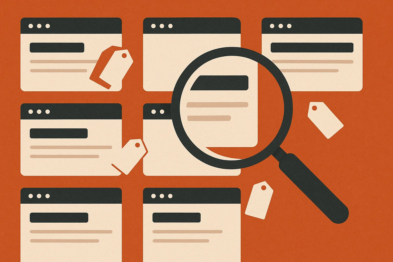 Büyüteç altında incelenen web sayfası kartları ve boş fiyat etiketleri