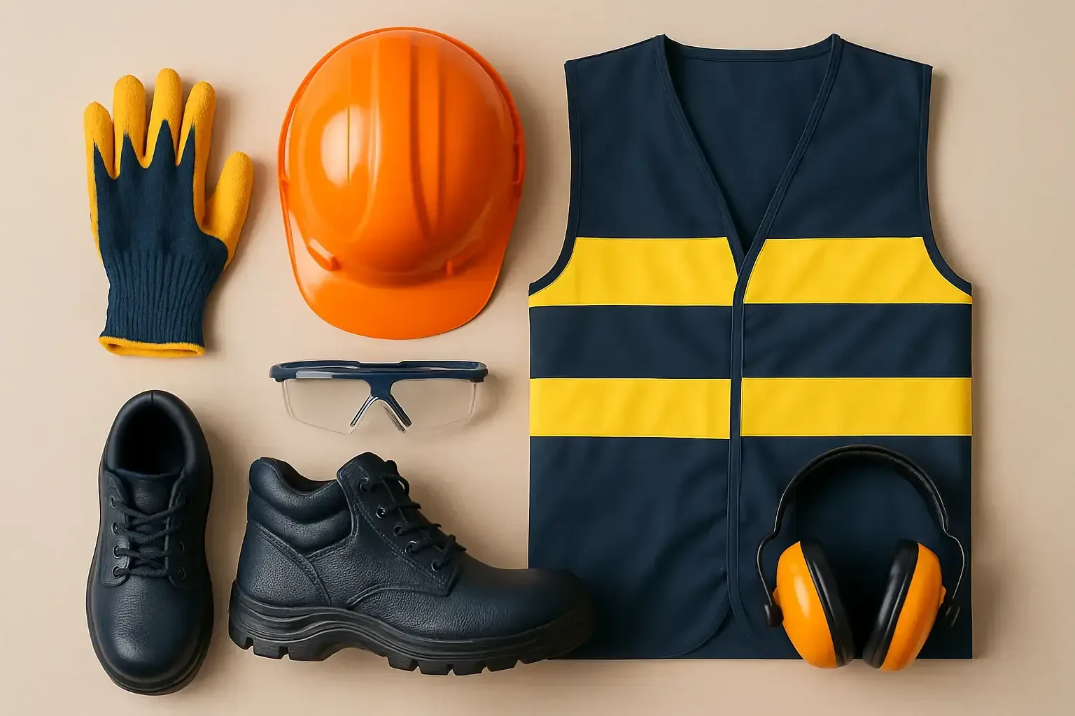 Duz zeminde dizili kisisel koruyucu donanim seti: baret, eldiven, HiVis yelek, gozluk, is ayakkabisi, kulaklik