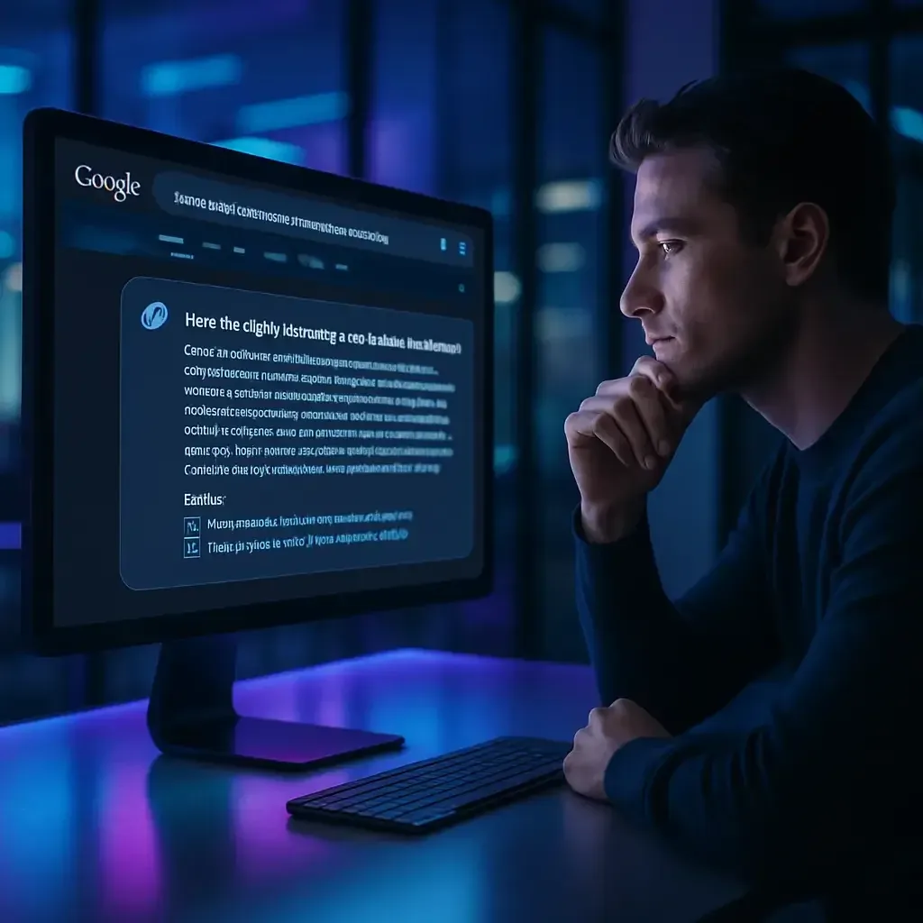 Google AI Mode arama sonucu ekranını gösteren monitör ve modern ofis ortamı