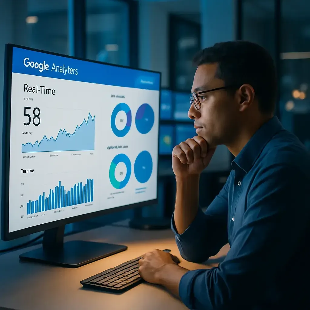 Google Analytics 4 trafik ve performans grafiklerini gösteren geniş monitör ekranı