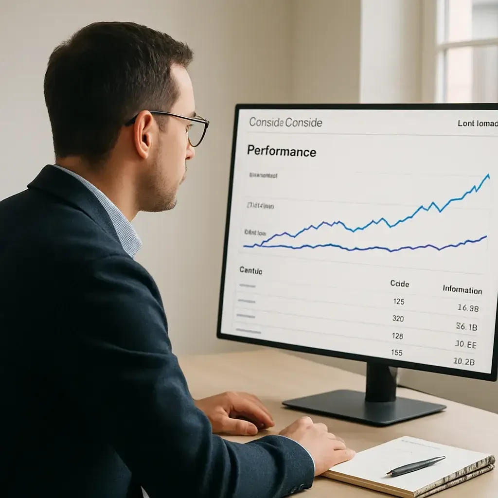 Google Search Console performans raporu ve tıklama-gösterim grafiği gösteren monitör