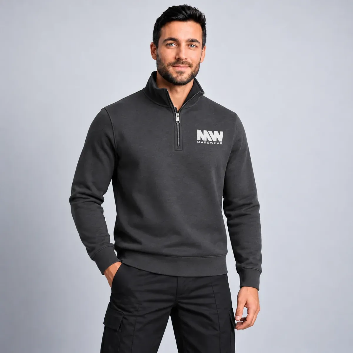 Branded Half-Zip Sweatshirt — Embroidered, Stand-Collar Corporate Model