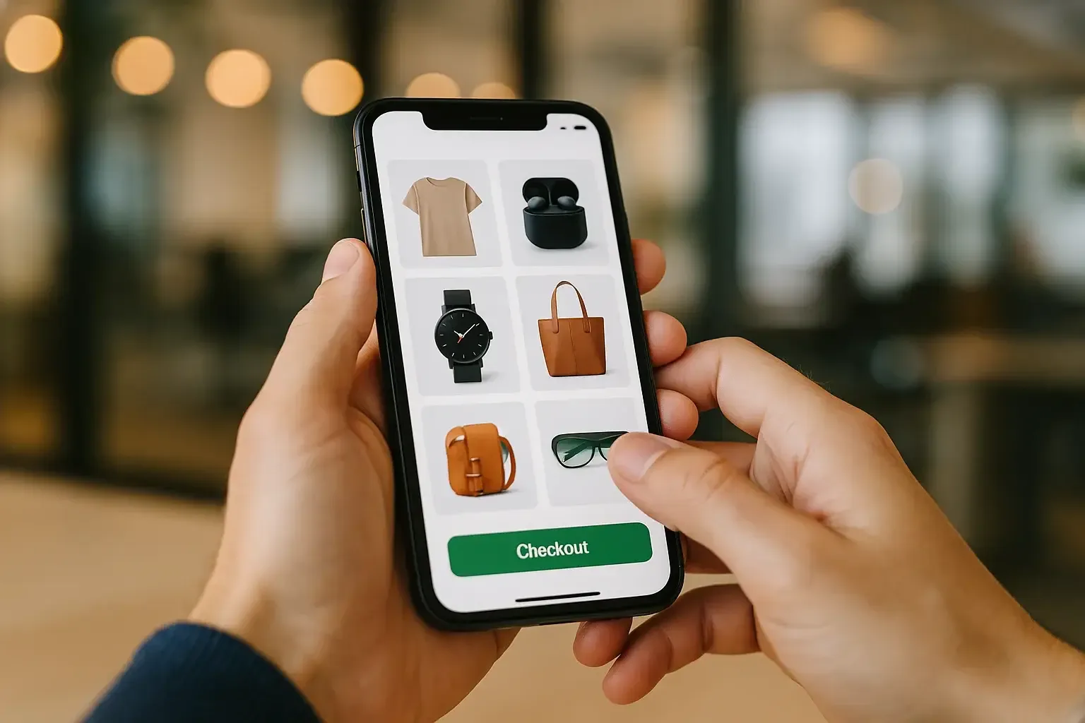 Akıllı telefonda mobil e-ticaret uygulaması — ürün kategorileri ve ödeme butonu görünümü