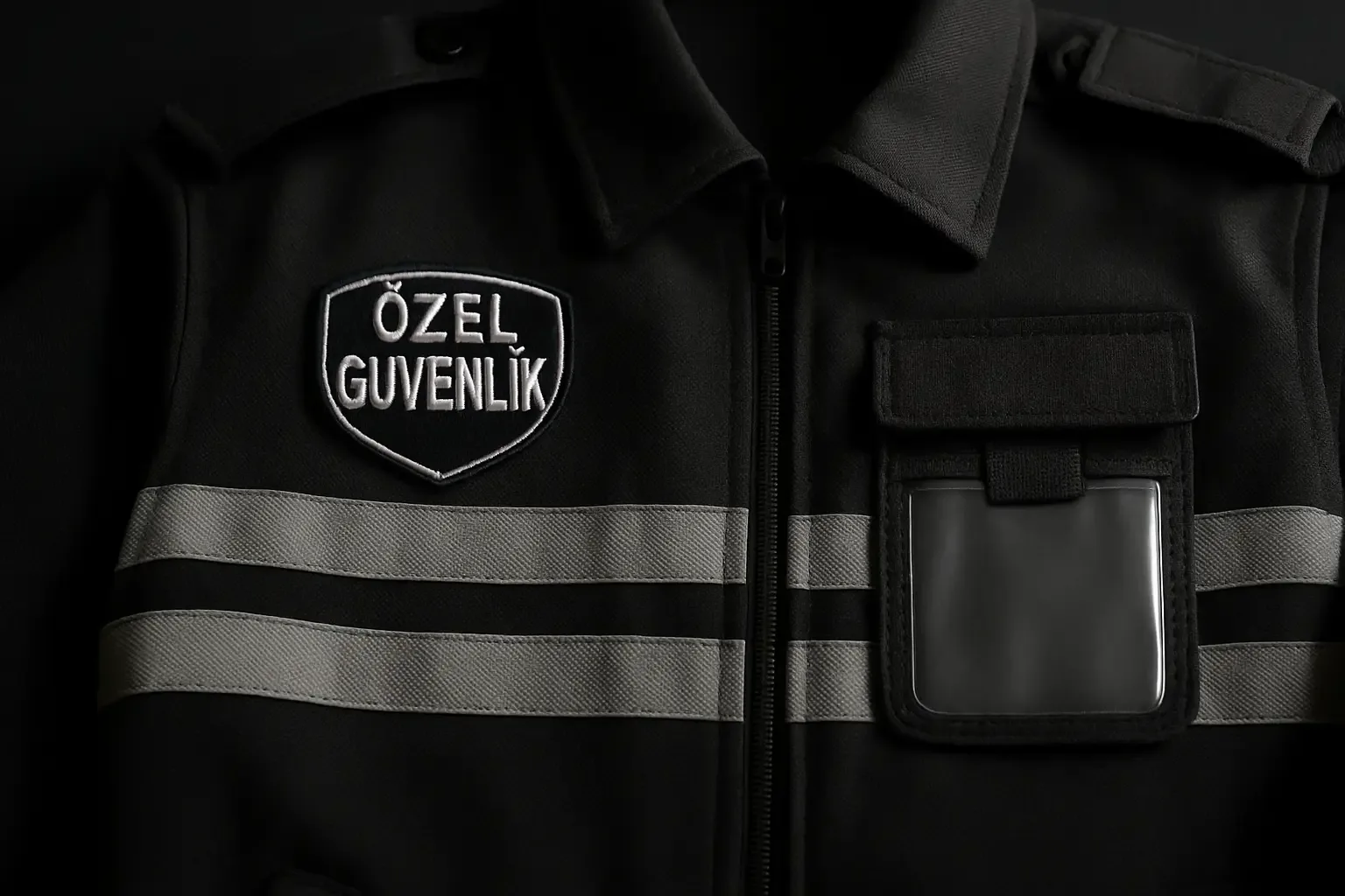 Özel güvenlik üniforma detay - GÜVENLİK göğüs baskı kimlik kartı cebi reflektör şerit epolet