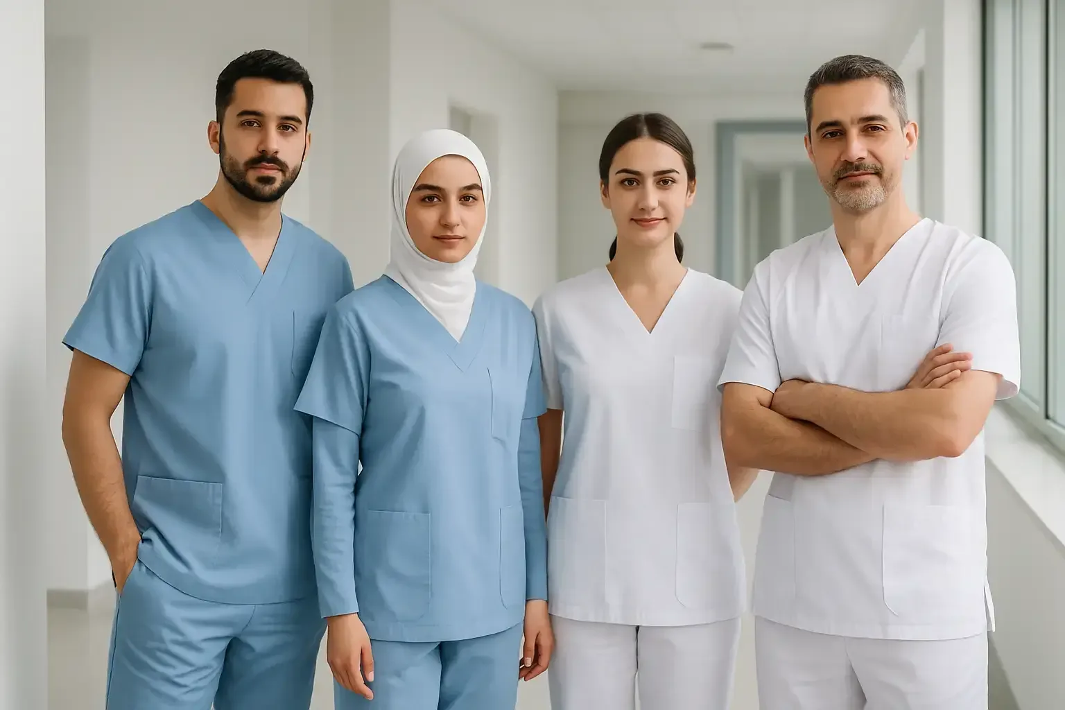 Acik mavi ve beyaz saglik personeli uniformasi giymis kisi, hijyenik klinik ortami