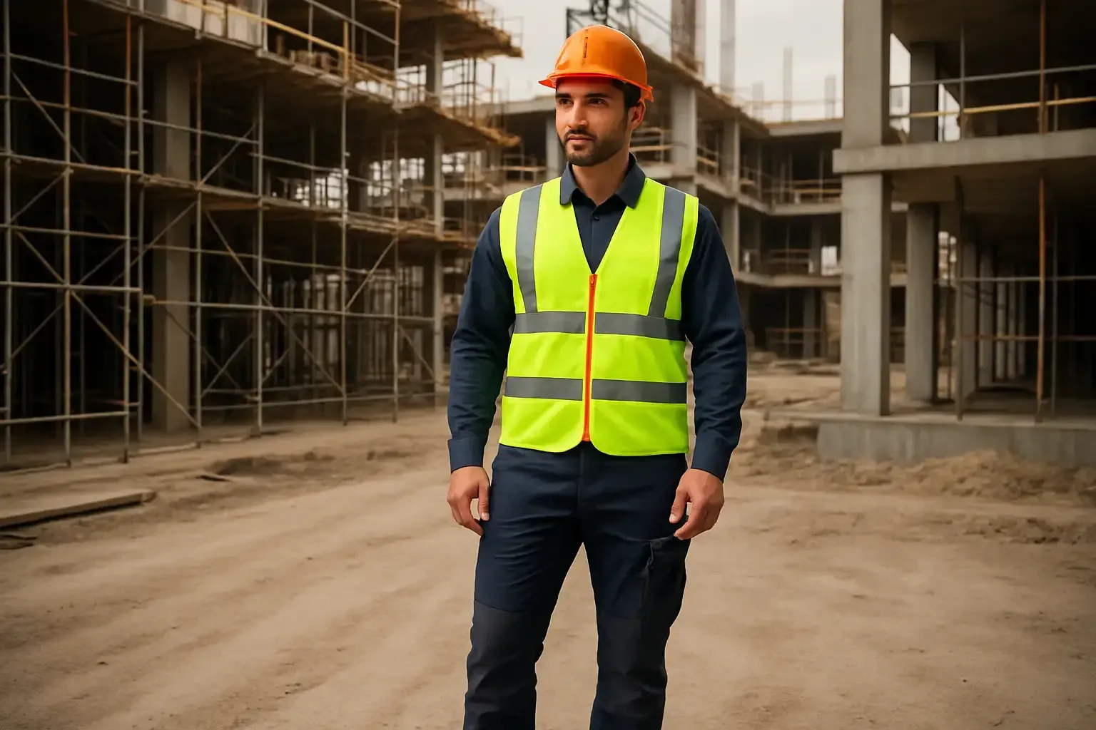 Şantiyede baret, HiVis reflektörlü yelek ve S3 iş botu giyen inşaat işçisi iş kıyafeti