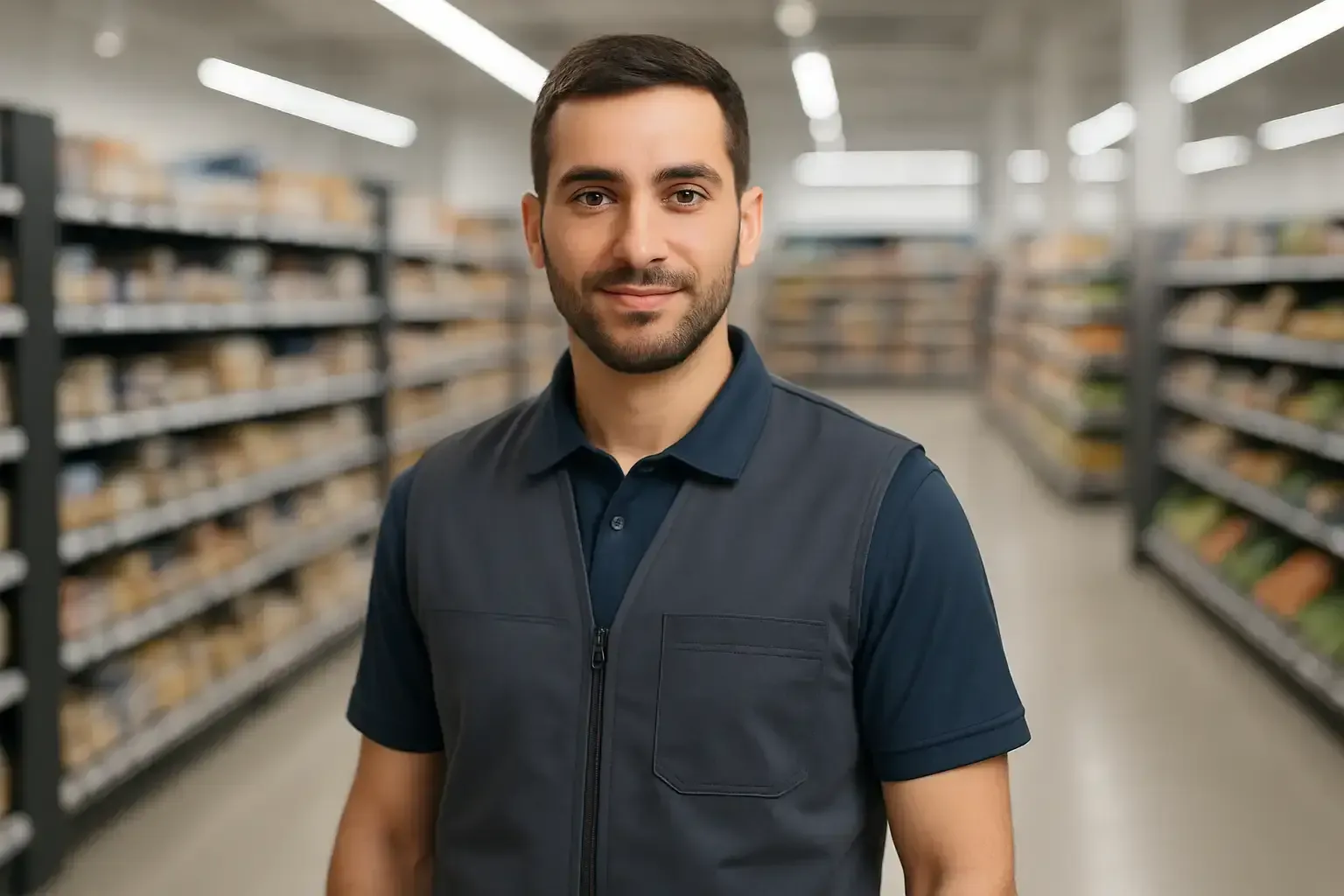 Market raflarının önünde kurumsal polo ve yelek üniforma giyen perakende personeli