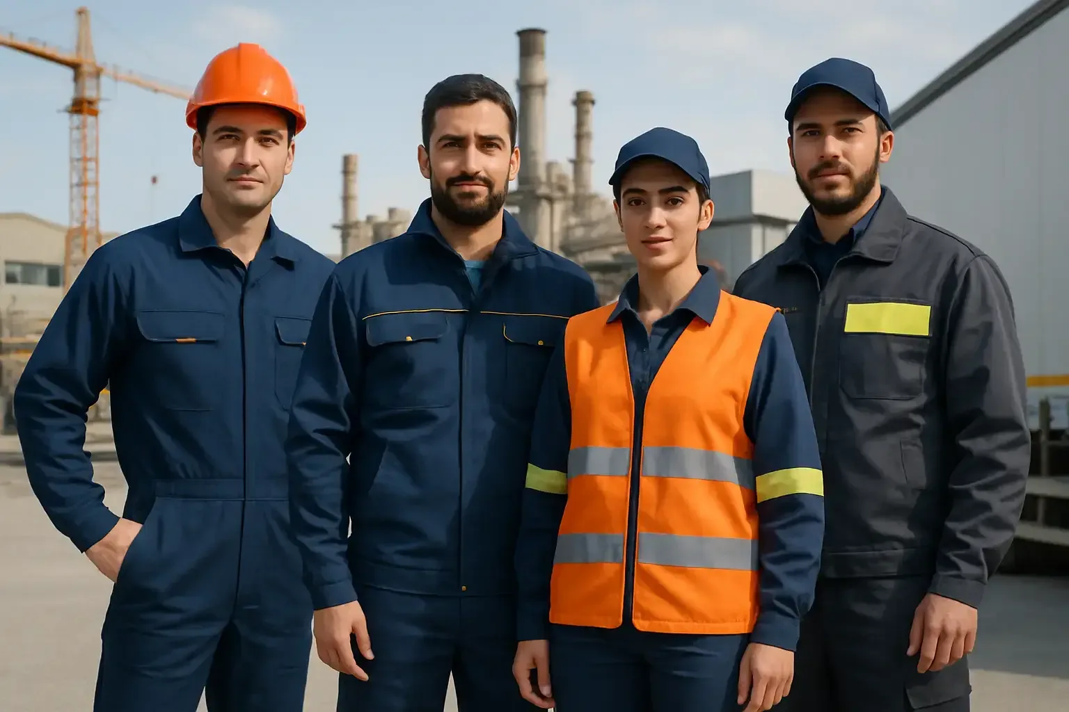 İnşaat, fabrika ve lojistik sektörlerinden iş kıyafetli mavi yaka personel kompozisyonu