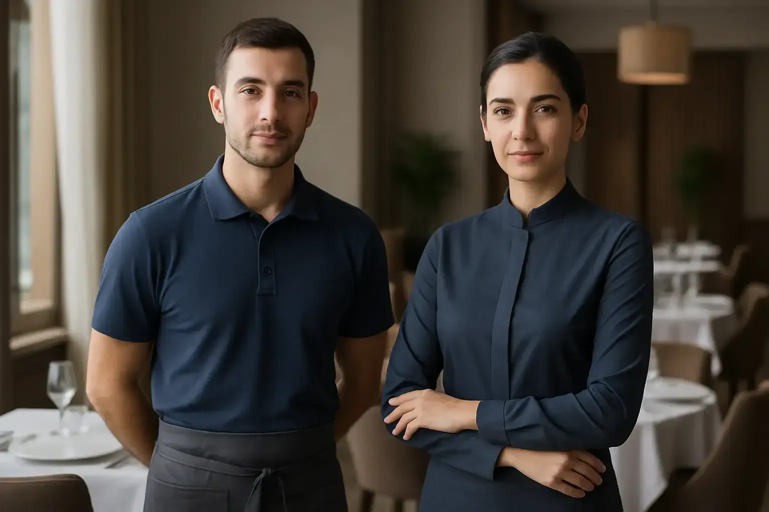 Polo ve hakim yaka uniformali garson ve otel personeli, kurumsal sik gorunum
