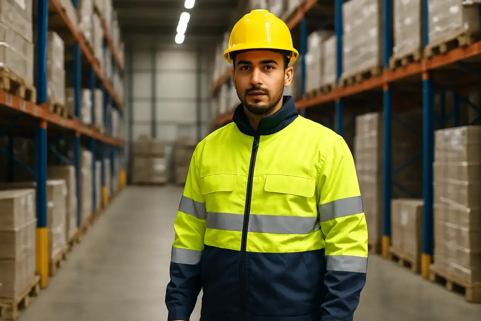 Depoda HiVis reflektorlu kiyafetli lojistik personeli, raflar ve paletler