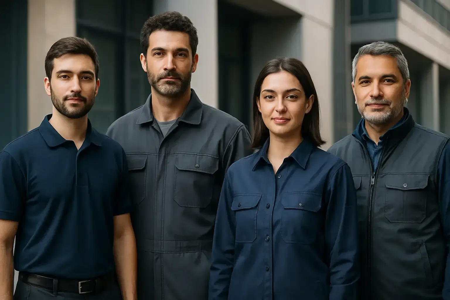 Farkli sektorlerden kurumsal uniformali calisanlar yan yana: polo, tulum ve yelek