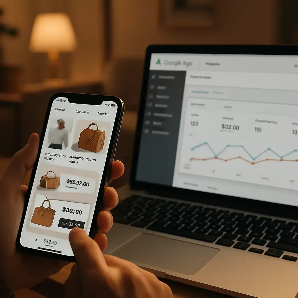 Akıllı telefonda remarketing reklamı gören kullanıcı ve arka planda Google Ads paneli