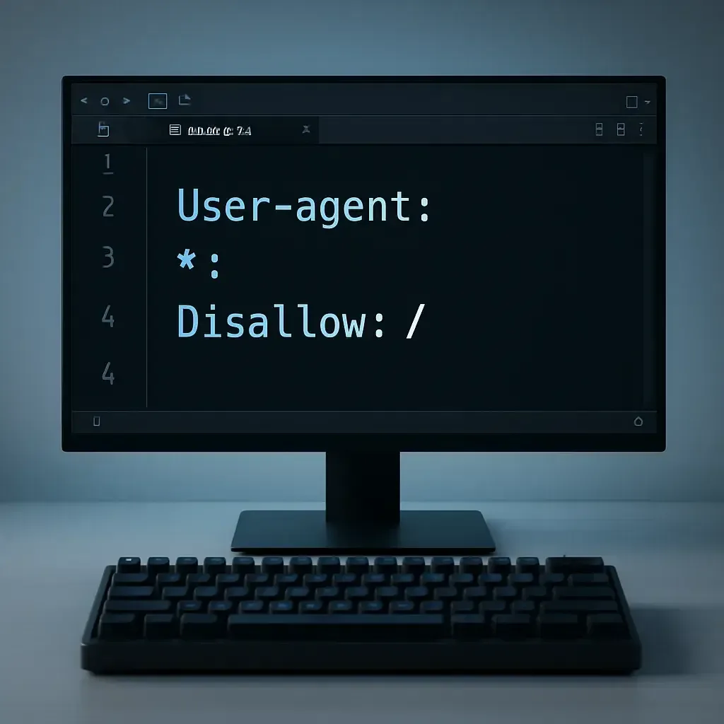 Kod editöründe robots.txt dosyası ve User-agent direktifleri gösteren geliştirici ekranı
