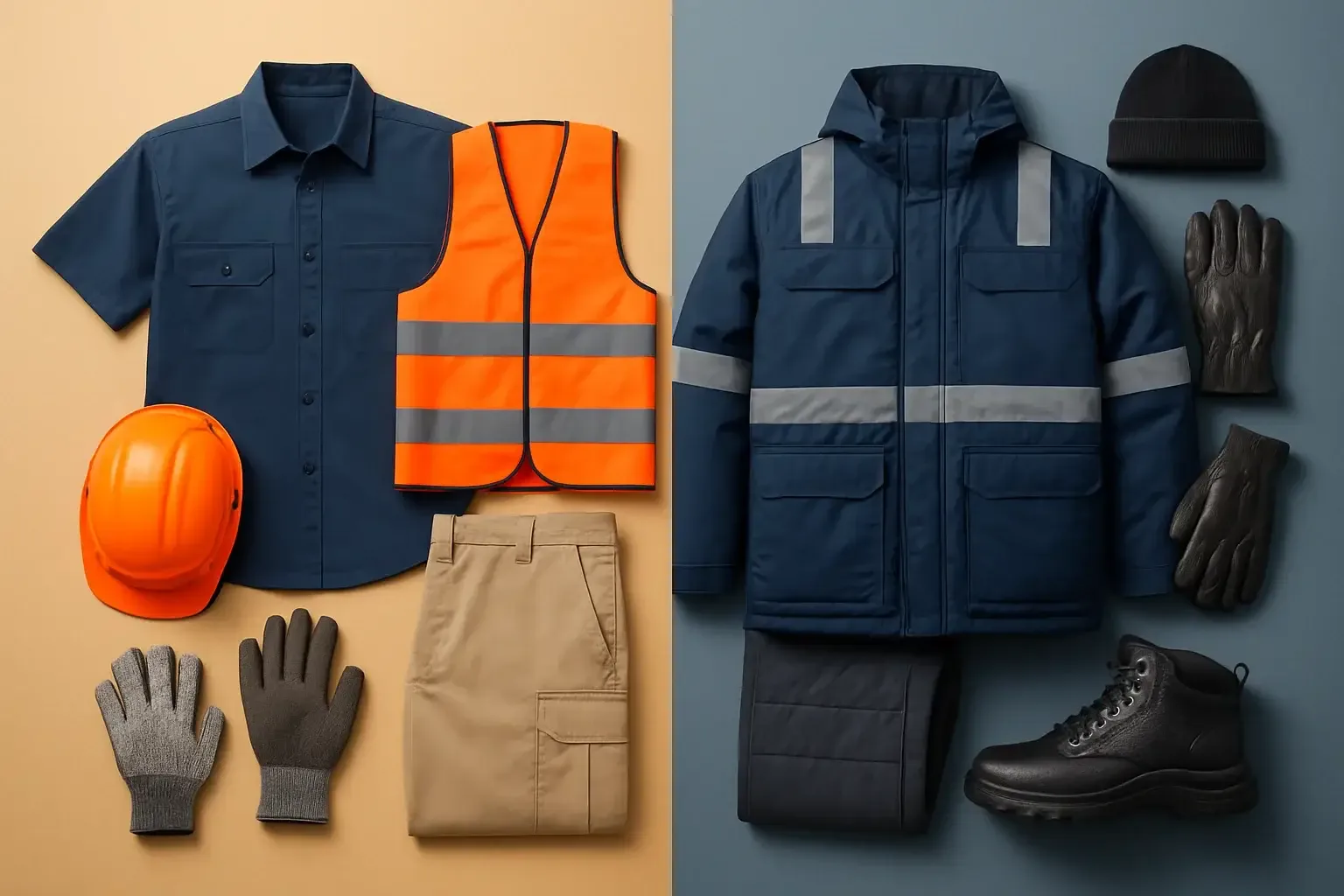 Yazlık ve kışlık iş kıyafeti karşılaştırması — sezon değişim planı için B2B üniforma seti flatlay