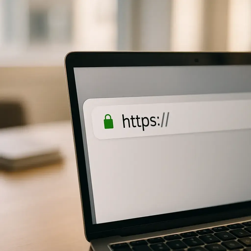Tarayıcı adres çubuğunda yeşil kilit ikonu ve HTTPS bağlantısı gösteren laptop ekranı