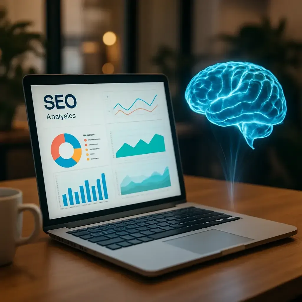 Yapay zeka destekli SEO analiz ekranı ve AI beyin görselleştirmesi — modern ofis ortamında dijital pazarlama